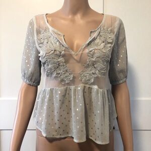 Abercrombie Fitch AF Gray Floral Mesh Lace Cropped Peplum Top Blouse XS